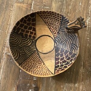 Vintage Hand Carved Zebra Bowl African Folk Art Primitive Hardwood 8 inch